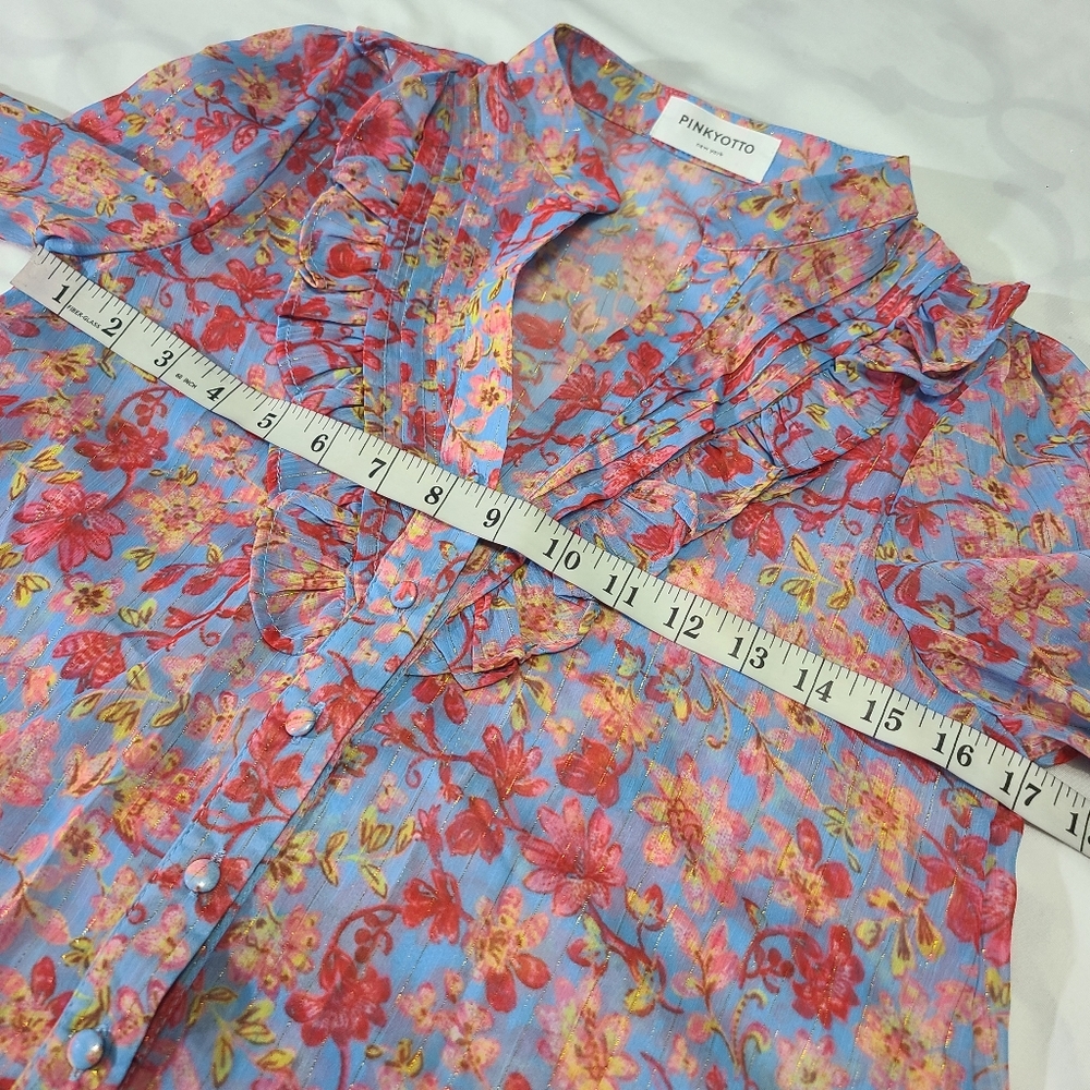 PINKYOTTO Flowered Ruffle Button Down Blouse Size Med - Picture 8 of 10